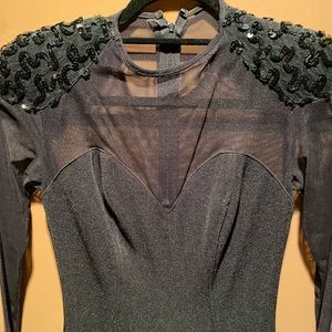 Long sleeve fancy shoulder black evening dress